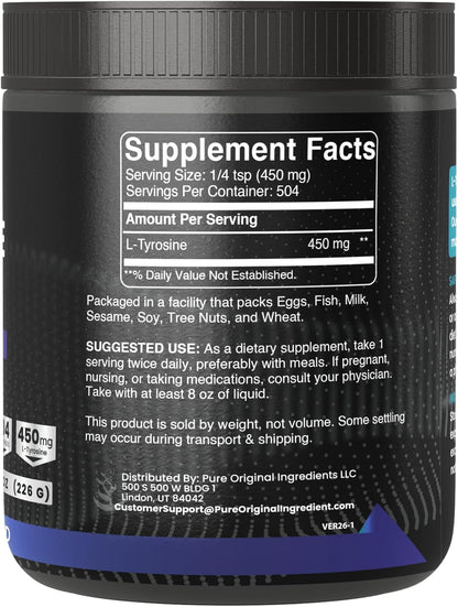 PURE ORIGINAL INGREDIENTS L-Tyrosine Powder, 227 g, Always Pure, No Additives or Fillers