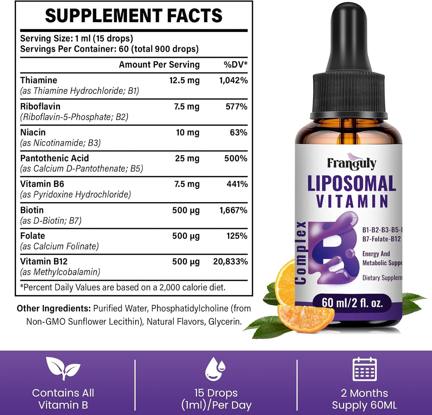Franguly Liposomal B Complex - All B Vitamins, Methylated B12, Liquid Drops, 60 ml - görsel 8