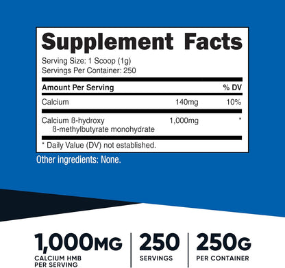 Nutricost HMB Powder (Beta-Hydroxy Beta-Methylbutyrate) 250 Grammes - Gluten-free & Non-GMO