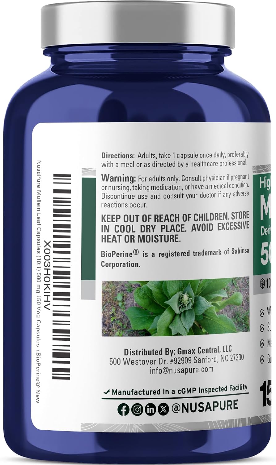 NusaPure Mullein Leaf Capsules, 500 mg, 150 Vegan Capsules (Non-GMO, Vegan) - görsel 3