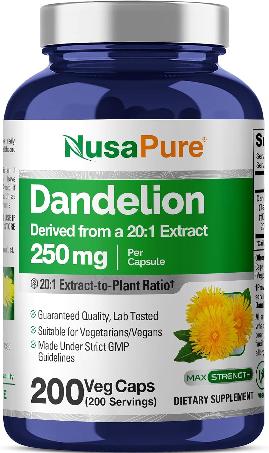 NusaPure Dandelion Root, 250 mg, 200 Veg Capsules (Non-GMO, Vegan) - görsel 1
