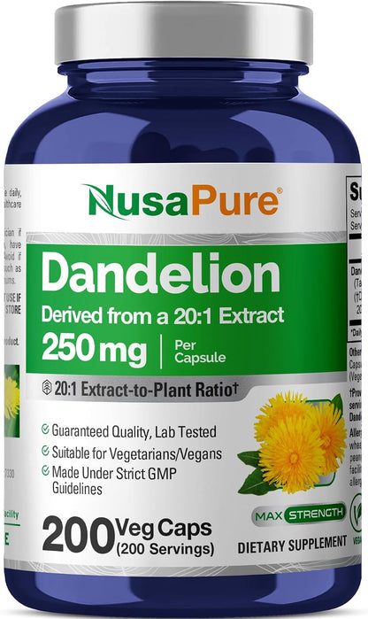 NusaPure Dandelion Root, 250 mg, 200 Veg Capsules (Non-GMO, Vegan)
