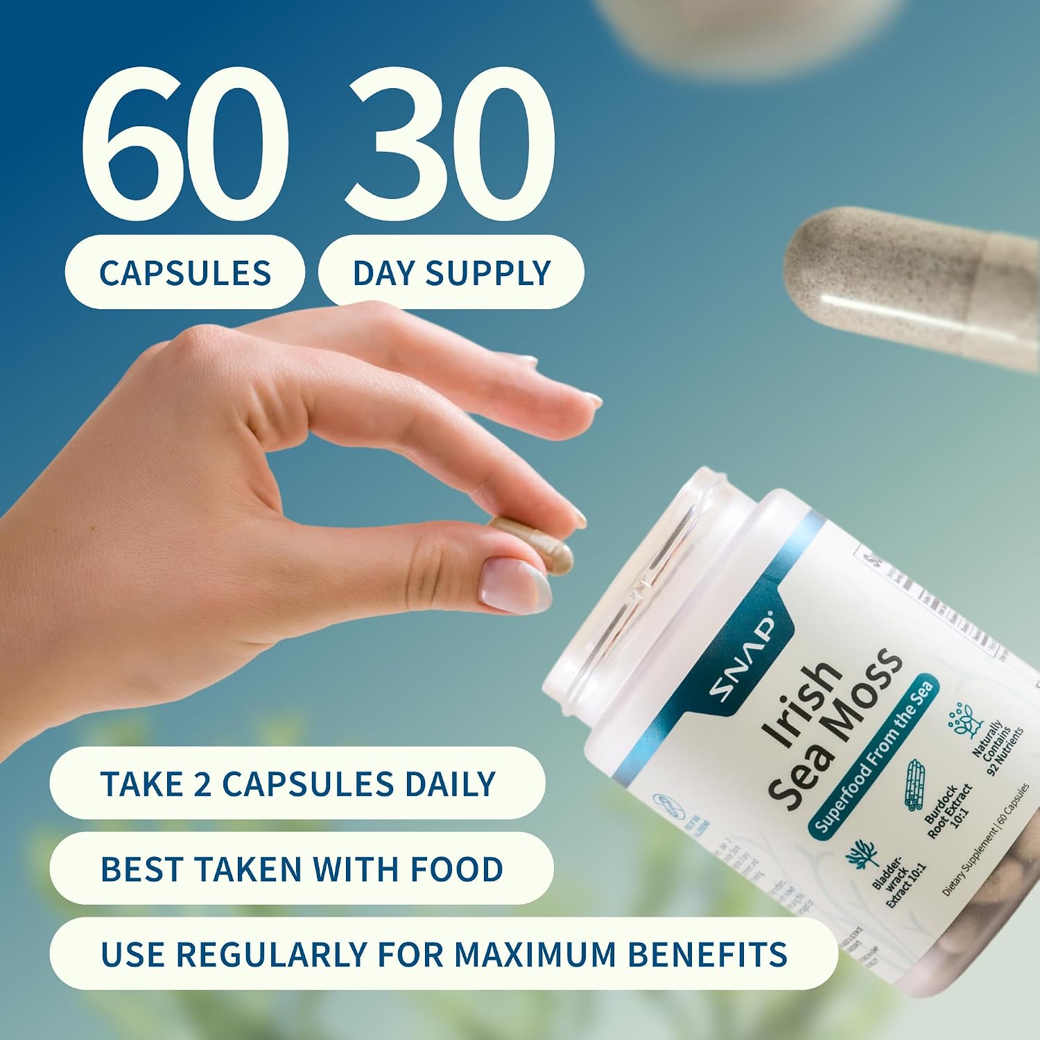 Snap Supplements Irish Sea Moss with Bladderwrack, Burdock Root & Iodine – Natural Sea Moss Supplement for Gut Health, Energy & Healthy-Looking Skin, 60 Vegan Capsules - görsel 6