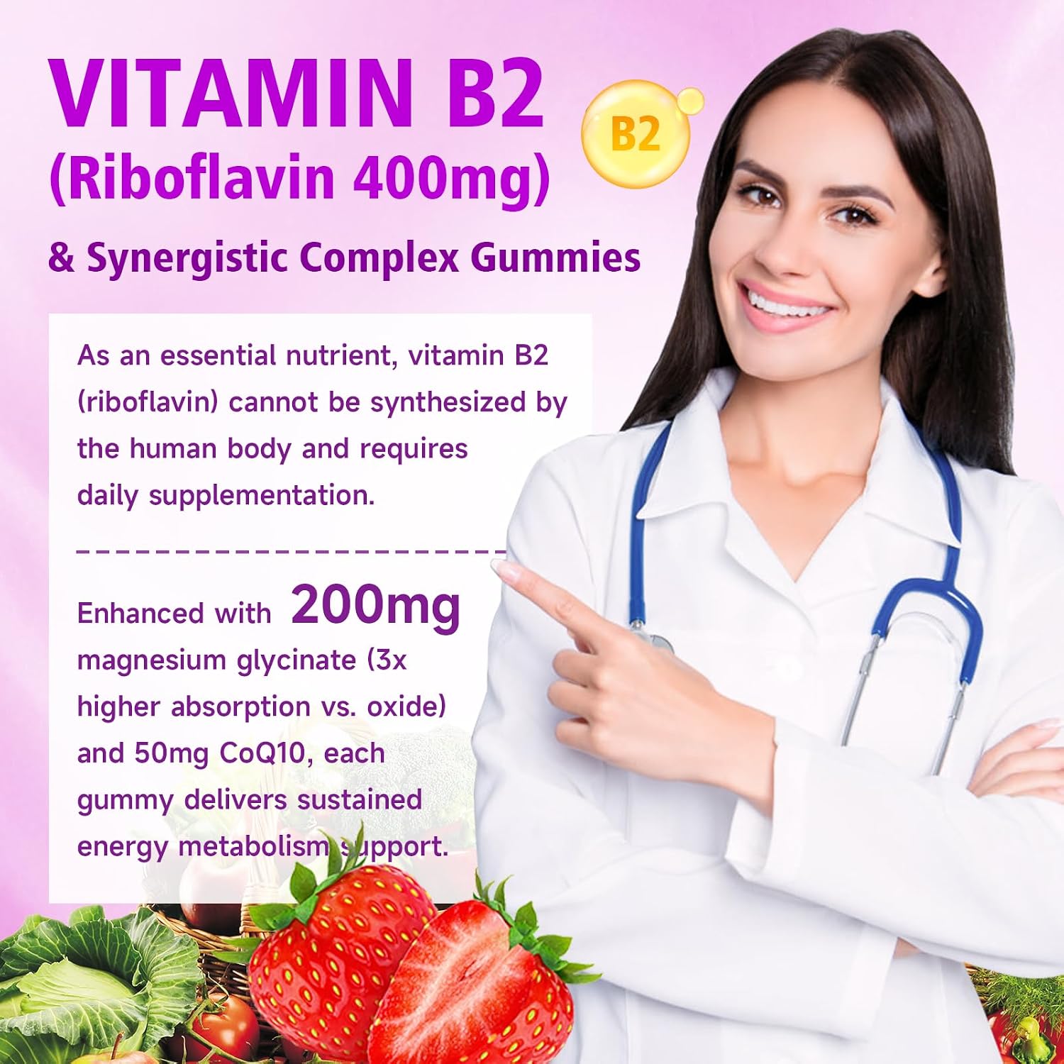 Vitamin B2 Gummies - Riboflavin 400mg with Magnesium & CoQ10 - Strawberry Flavour, 60 Gummies - görsel 4