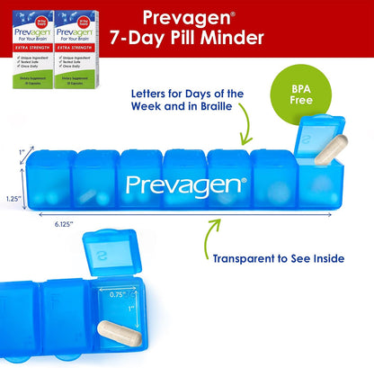 Prevagen Extra Strength Brain Food Supplement - 20mg Apoaequorin + Vitamin D3 - 2 Pack with Pill Organiser