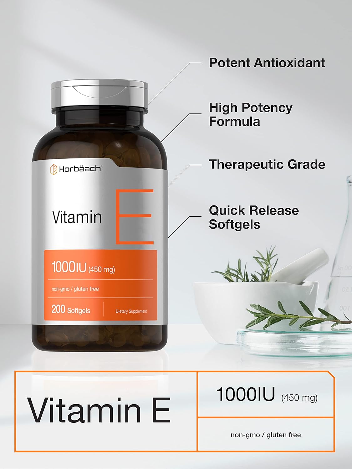 Horbäach Vitamin E 1000 IU Soft gel capsule Capsules | 200 Count | Non-GM, Gluten-free, Preservative Free | Vitamin E Oil - görsel 3