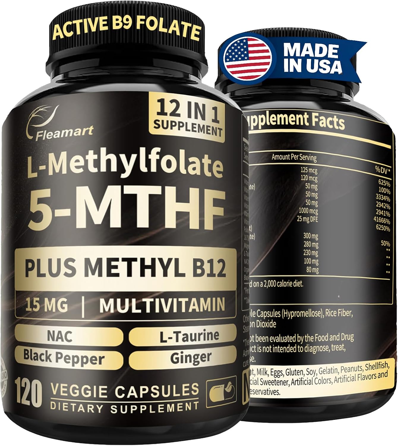 L-Methylfolate 15mg Plus Methyl B12 - 12-in-1 Methylated B9 & B12 Supplement, 120 Vegan Capsules - görsel 1