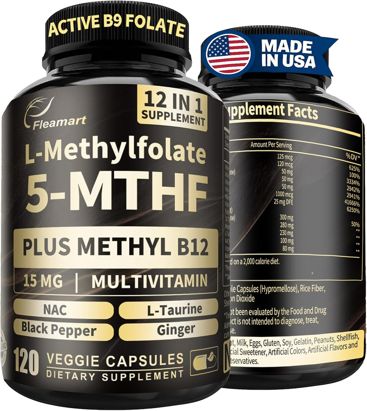 L-Methylfolate 15mg Plus Methyl B12 - 12-in-1 Methylated B9 & B12 Supplement, 120 Vegan Capsules - görsel 1