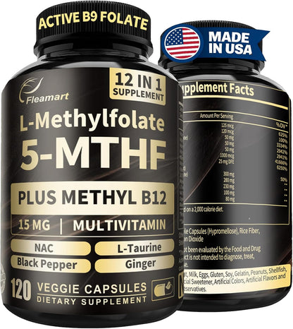 L-Methylfolate 15mg Plus Methyl B12 - 12-in-1 Methylated B9 & B12 Supplement, 120 Vegan Capsules