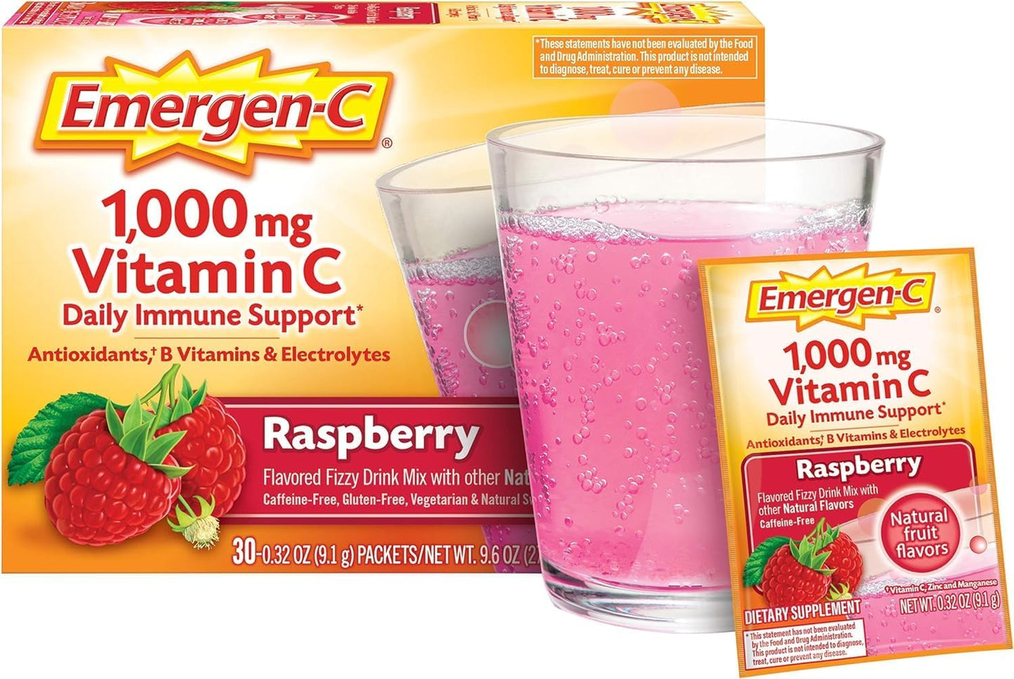 Emergen-C 1000mg Vitamin C Powder, with Antioxidants, B Vitamins and Electrolytes, Immunity Supplement for Immune Support, Caffeine Free Fizzy Drink Mix, Raspberry Flavour, 9g (Pack of 30) - görsel 4