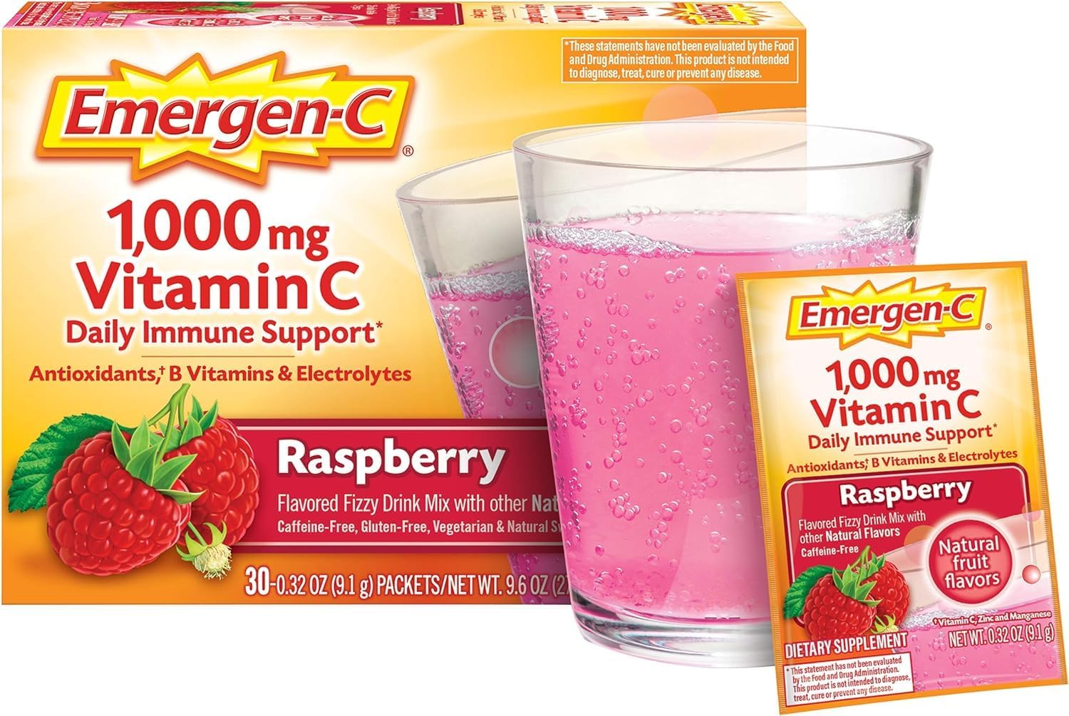 Emergen-C 1000mg Vitamin C Powder, with Antioxidants, B Vitamins and Electrolytes, Immunity Supplement for Immune Support, Caffeine Free Fizzy Drink Mix, Raspberry Flavour, 9g (Pack of 30) - görsel 4