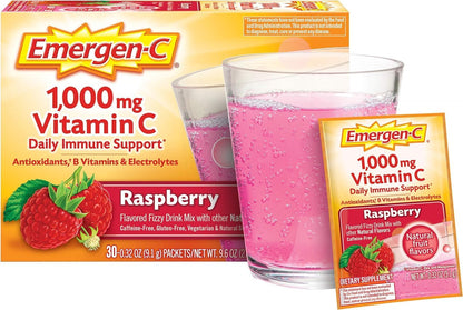 Emergen-C 1000mg Vitamin C Powder, with Antioxidants, B Vitamins and Electrolytes, Immunity Supplement for Immune Support, Caffeine Free Fizzy Drink Mix, Raspberry Flavour, 9g (Pack of 30)