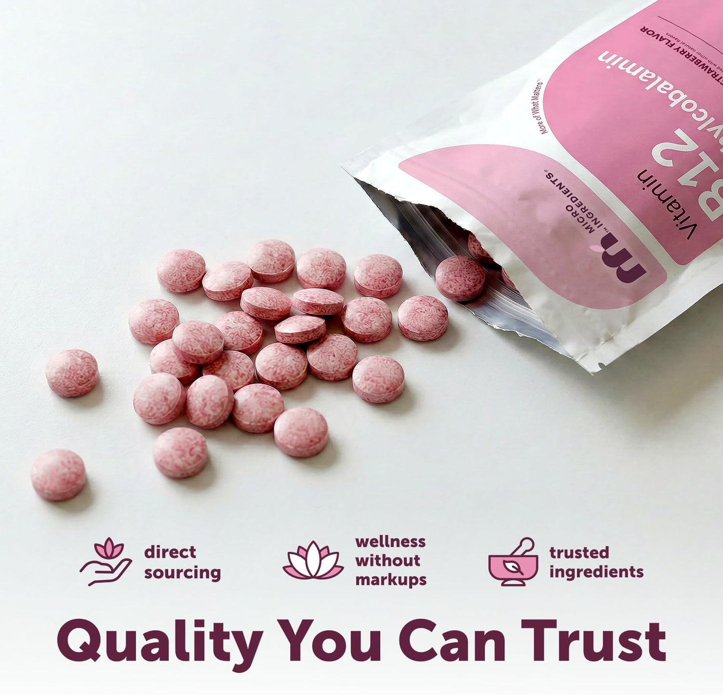 Micro Ingredients Vitamin B12 5,000 mcg Methylcobalamin Chewable Tablets - 240 Count, Natural Strawberry Flavour - görsel 6
