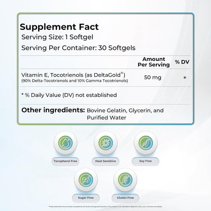 WELLNESS EXTRACT Eannatto Tocotrienols Deltagold Vitamin E Softgels (50 mg, 30 ct) – Tocopherol Free, Non-GMO, Gluten-free Antioxidant Supplement