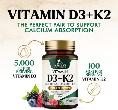 Vitamin D3 K2 Supplement | 5000 IU D3 + 100 mcg K2 (MK-7) | Chewable Tablets - Berry Flavour