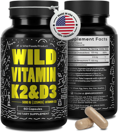 Wild Foods 5000 IU Vitamin D3 and K2 (100 mcg MK-7) with Black Pepper Extract, Plant-Based, Non-GMO, Soya & Gluten-Free, 60 Capsules