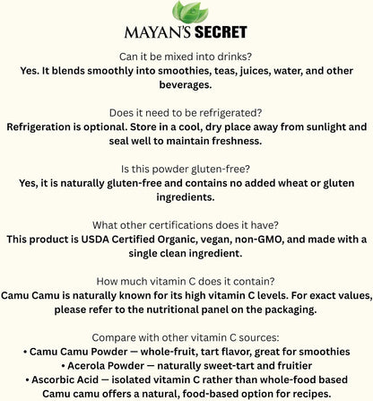 Mayan's Secret Organic Camu Camu Powder – USDA Certified Organic, Vegan, Non-GMO – High Vitamin C Superfood, 99g