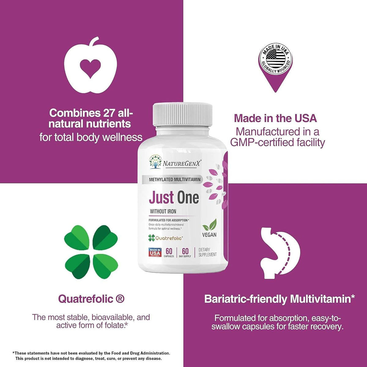 NatureGenX Just One Daily Methylated Multivitamin – Iron-Free with Methyl B12 & Methylfolate – Methylation Support for Men & Women – Vegan, Gluten-Free, Non-GMO – 60 Capsules (2-Month Supply) - görsel 8