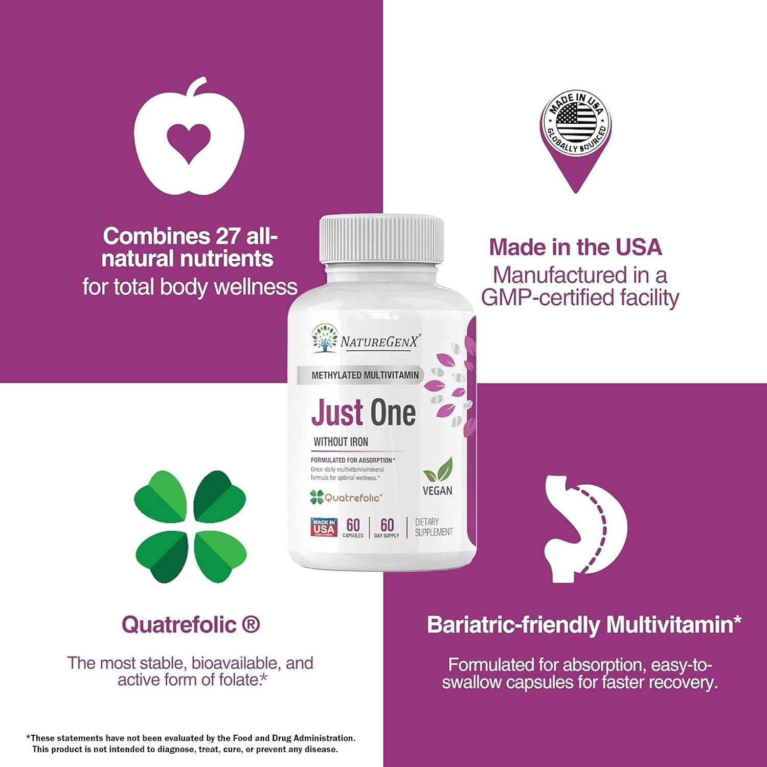 NatureGenX Just One Daily Methylated Multivitamin - Iron-Free, Methyl B12 & Quatrefolic Methylfolate, 120 Vegan Capsules (4-Month Supply) - görsel 8
