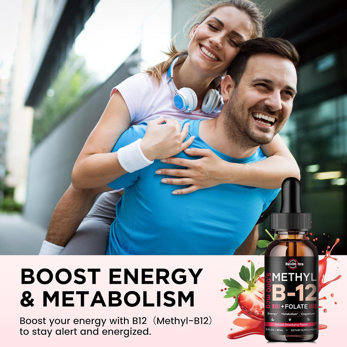 ReviNutra Vitamin B12 Liquid Drops - 5000 mcg Methylcobalamin with B6 & Folate - Vegan Strawberry Flavour - 60 ml - görsel 3