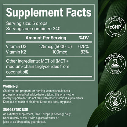 NaturElan Vitamin D3 5000 IU & K2 Drops with MCT Oil - 5000 IU Vitamin D3 + 100 mcg K2 (MK-7), 50 ml, Supports Bone, Immune, Heart & Teeth Health, Third-Party Tested, Vegan, Non-GMO, Gluten-free