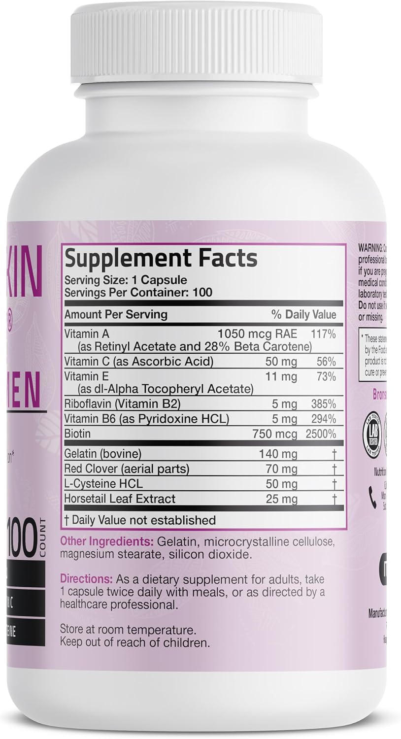 Bronson Hair, Skin & Nails with Biotin Extra Strength - 100 Capsules - görsel 2