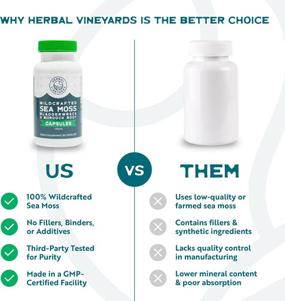 Herbal Vineyards Organic Wildcrafted Vegetable Capsules - Irish Sea Moss, Bladderwrack, and Burdock Root - 1500mg, 60 Capsules
