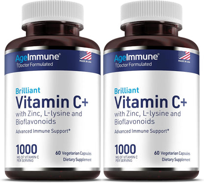 Vitamin C 1000mg Complex with L-Lysine 500mg, Zinc Gluconate 12mg, Bioflavonoids 300mg - Doctor Formulated Immune Support - Magnesium Stearate Free (2 Bottles)