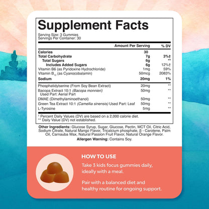 Kids Focus Gummies - Brain Support for Children with Green Tea Extract, B6 & B12 - 90 Gummies