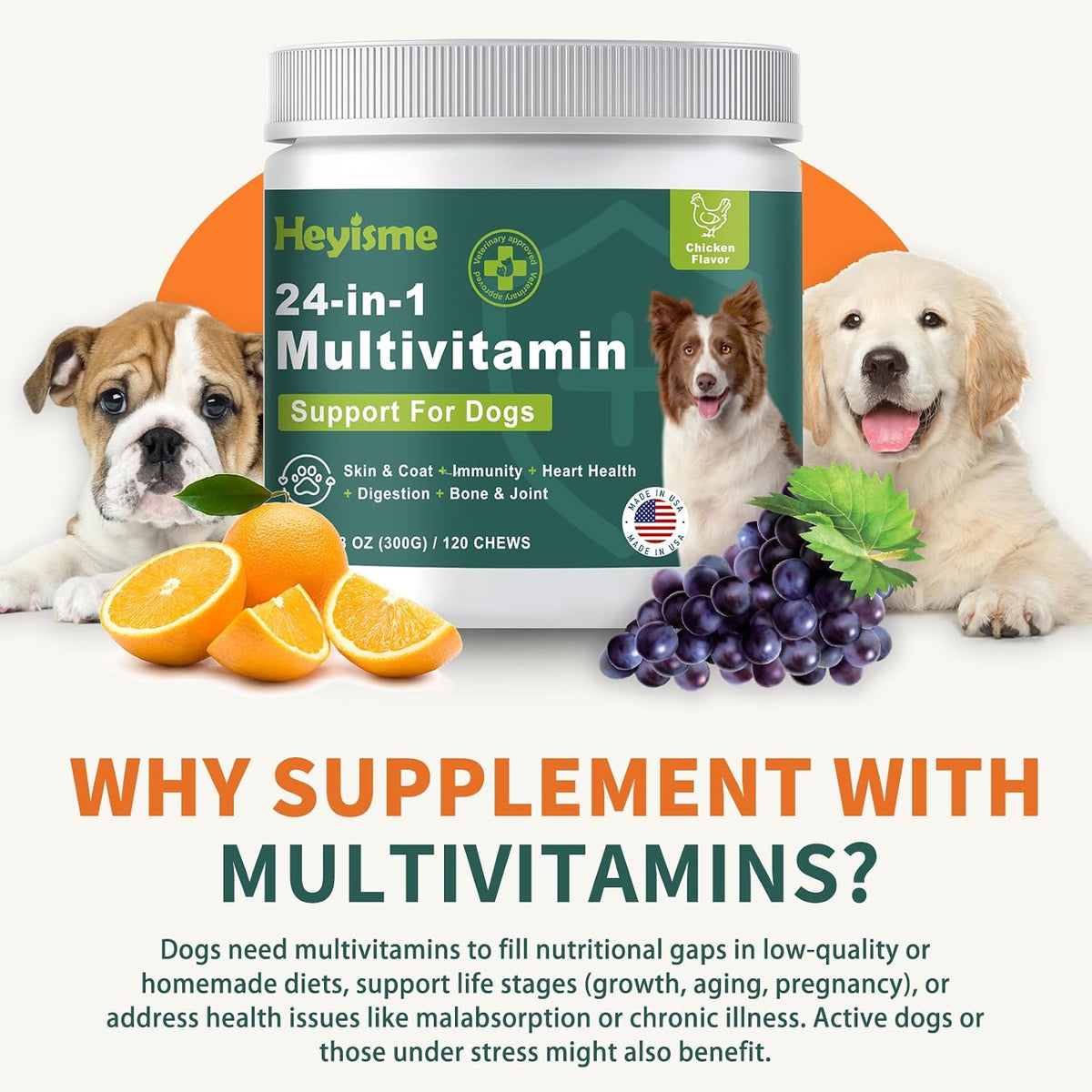 HEYISME Dog Multivitamin with Glucosamine, Probiotics & Omega-3 (120 Chews, Chicken) - görsel 7