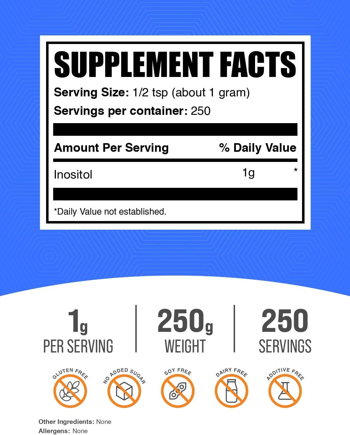 BulkSupplements.com Inositol Powder - Inositol Supplement, Vitamin B8 Supplement - Unflavoured & Gluten-free, 1g per Serving, 250g (Pack of 1) - görsel 2