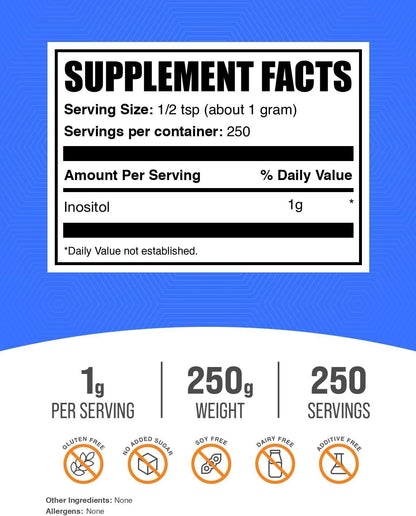 BulkSupplements.com Inositol Powder - Inositol Supplement, Vitamin B8 Supplement - Unflavoured & Gluten-free, 1g per Serving, 250g (Pack of 1)