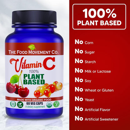 THE FOOD MOVEMENT CO. 100% Plant-Based Vitamin C 125mg – 60 Capsules – Vegan, Organic, Non-GMO, Gluten-Free Supplement with Camu Camu & Acerola