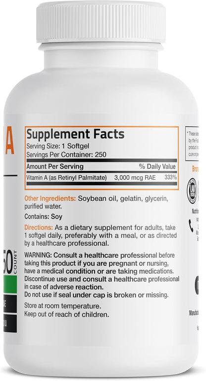 Bronson Vitamin A 10,000 IU – Premium Non-GMO Formula, 250 Softgels