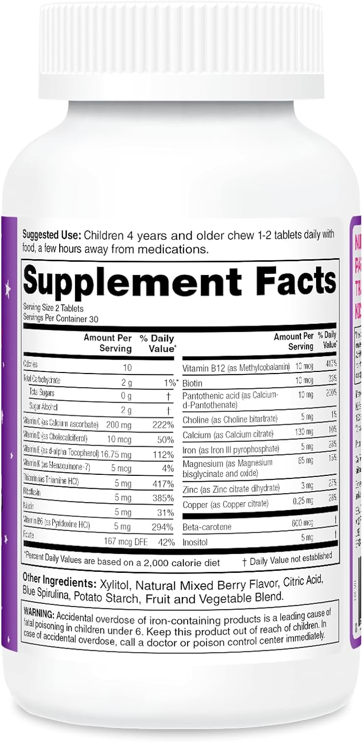 KidStar Nutrients StarMulti, Chewable Multivitamin and Multimineral Tablets for Kids, Plus Organic Fermented Whole Foods, Vegan, Sugar-Free, Space Berry, 60 Chewable Tablets - görsel 2