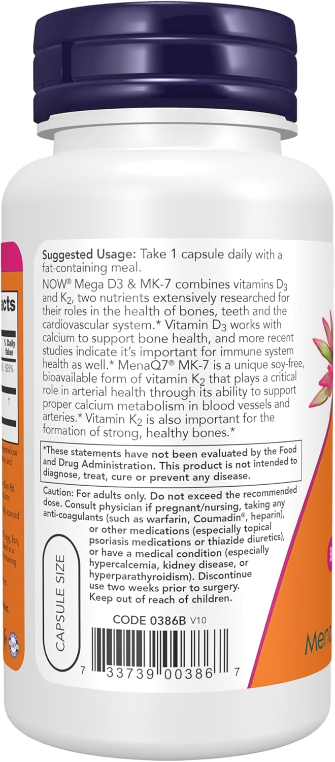 NOW Supplements, Mega D-3 & MK-7, 5000 IU / 180 mcg, Bone & Cardiovascular Support*, Vitamins K-3 & K-2, 120 Capsules - görsel 3