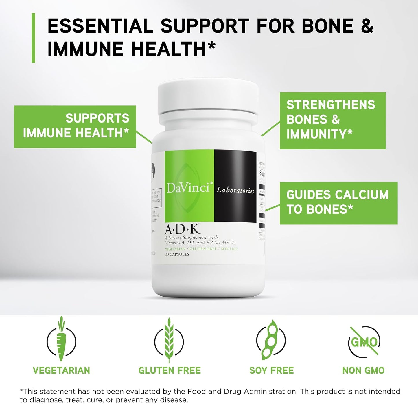 DAVINCI Labs ADK - Bone, Heart & Immune Support with Vitamins A, D3 & K2 (MK-7) - 60 Capsules - görsel 3