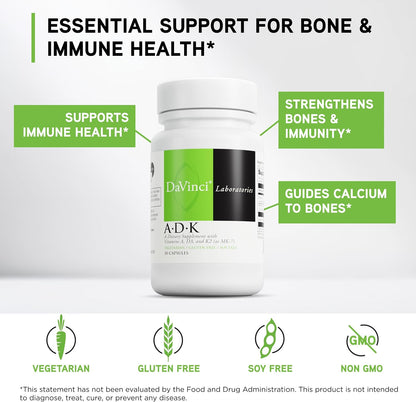 DAVINCI Labs ADK - Bone, Heart & Immune Support with Vitamins A, D3 & K2 (MK-7) - 60 Capsules