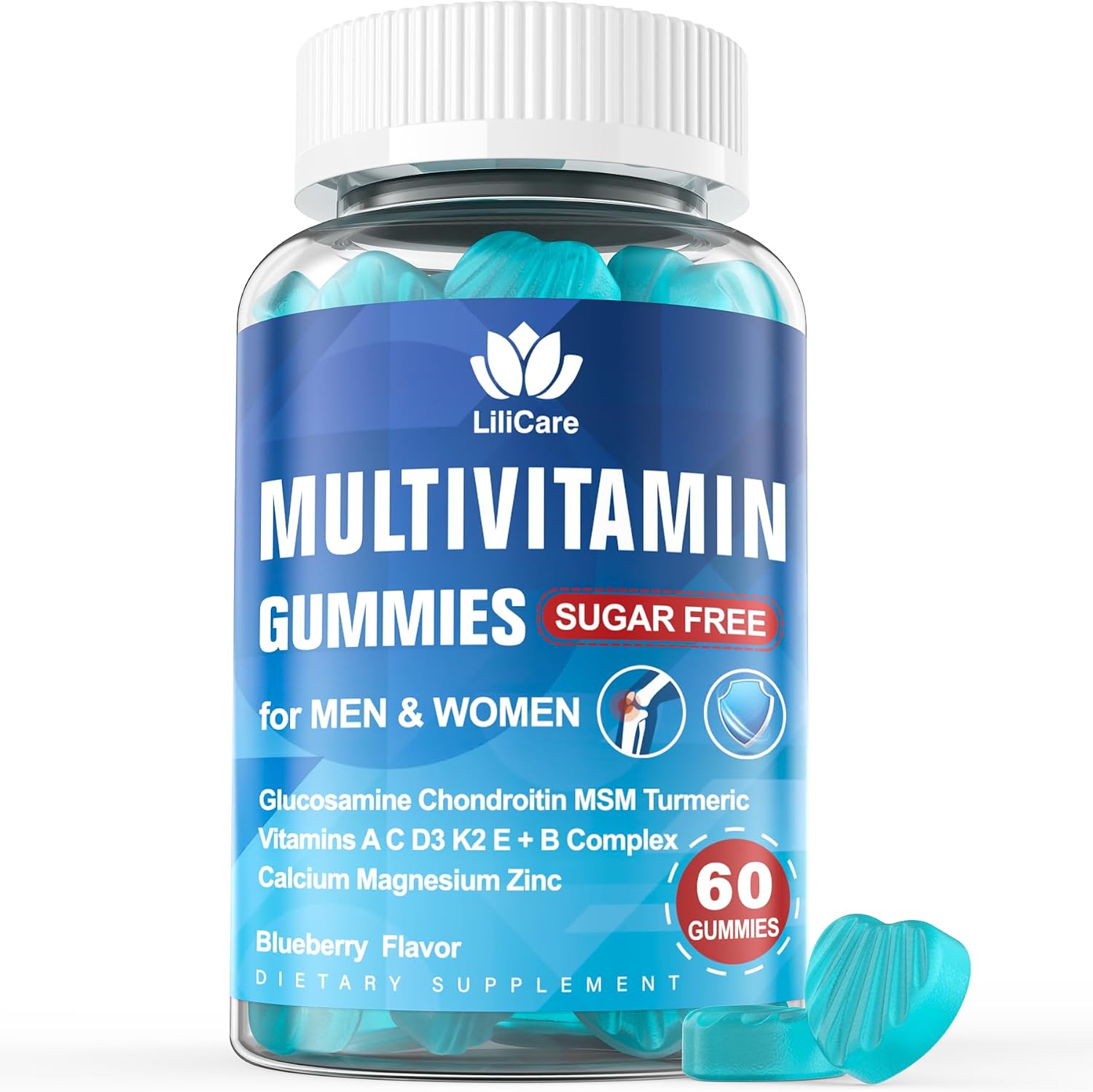 LILICARE Men's & Women's Sugar Free Methylated Multivitamin 50 Plus with Glucosamine Chondroitin MSM, Iron Free Gummies for Seniors with Multi Vitamin D3 K2 & A C E, B Complex - 60 Count (Pack of 1) - görsel 1