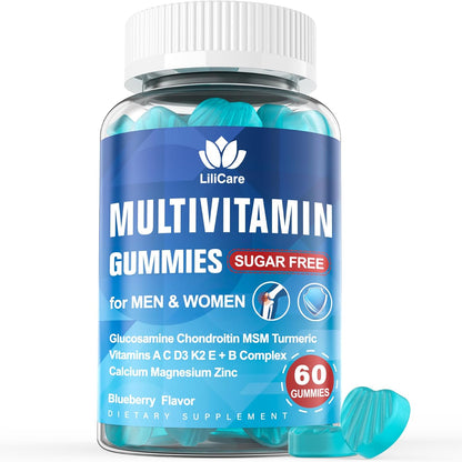 LILICARE Men's & Women's Sugar Free Methylated Multivitamin 50 Plus with Glucosamine Chondroitin MSM, Iron Free Gummies for Seniors with Multi Vitamin D3 K2 & A C E, B Complex - 60 Count (Pack of 1)