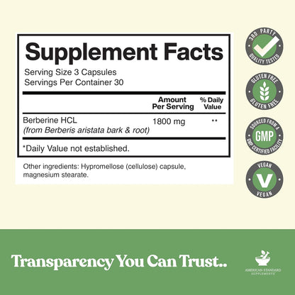 American Standard Supplements Berberine Capsules 1800mg Per Serving, 90 Vegetable Capsules