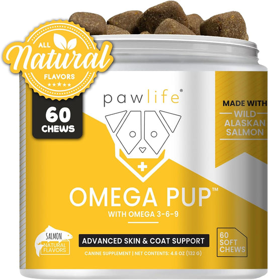 Pawlife Dog Fish Oil Supplements - Omega 3 for Dogs, Skin and Coat Support, Salmon Flavour (60 Chews)