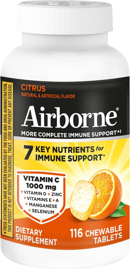 Airborne Citrus Chewable Tablets, 116ct – Food Supplement with 1000mg Vitamin C, Vitamins A, D, E, Zinc, Selenium, Manganese, and Herbal Blend – Gluten-free