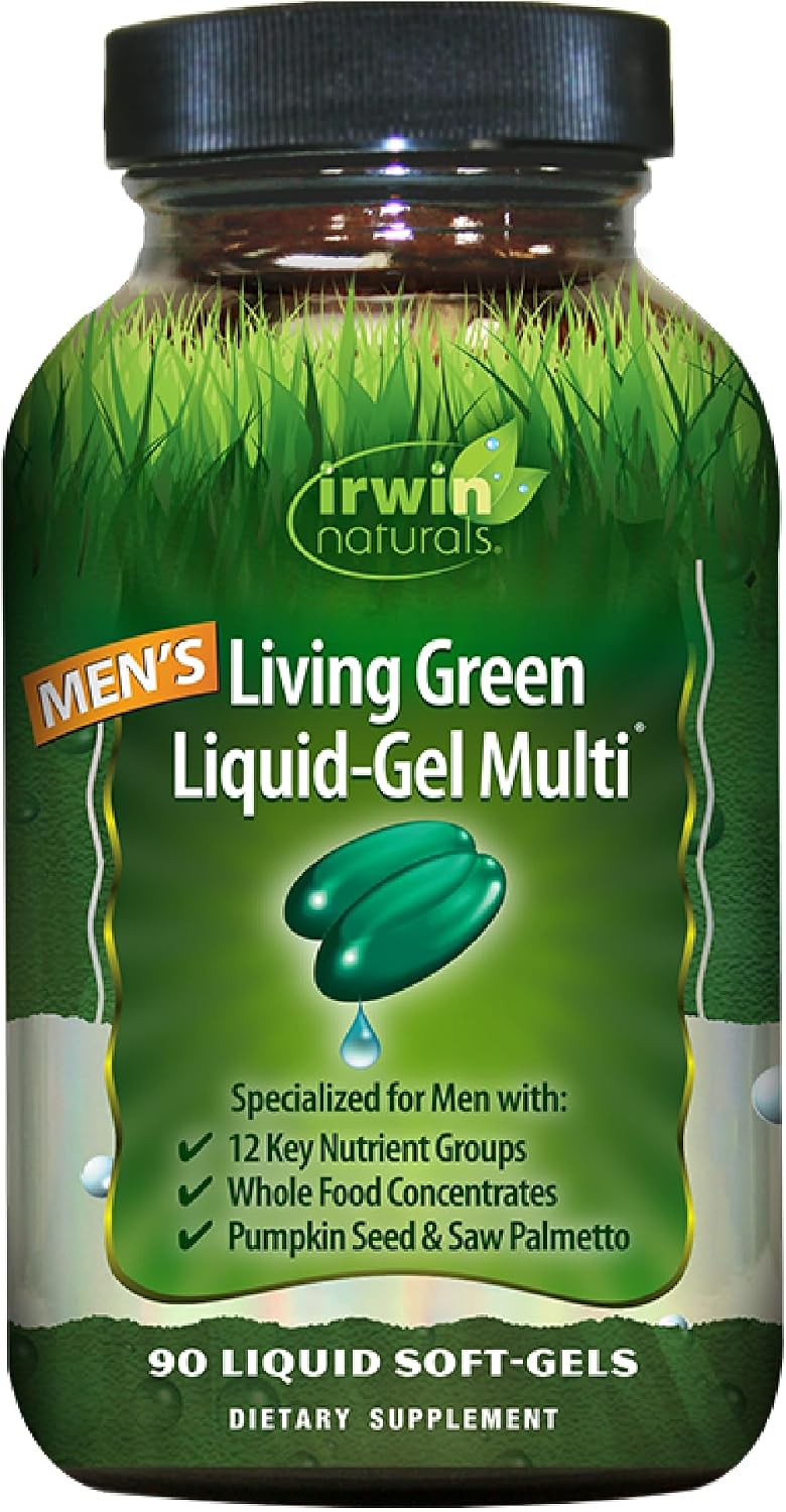 Irwin Naturals Men's Living Green Liquid-Gel Multi - 70 Essential Nutrients, Full-Spectrum Vitamin Supplements for Men, Wholefood Blend - Promotes Brain & Adrenal Support - 90 Liquid Soft-Gels - görsel 1