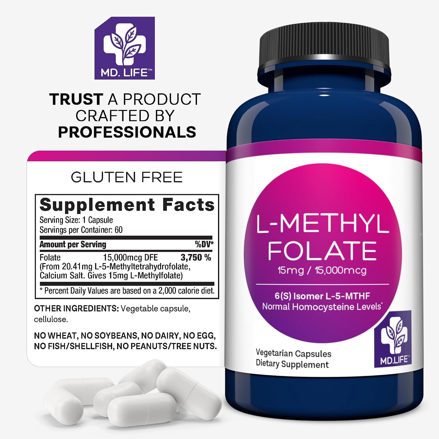 MD Life L-Methylfolate 15 mg Supplement - Professional-Grade Active L-Methylfolate Supplement - 60 Capsules - L-Methylfolate 15mg - Maximum Potency MTHFR with Essential Amino Acids - görsel 7