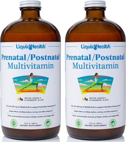 LIQUIDHEALTH Prenatal/Postnatal Liquid Multivitamin with Real Folate - Made in the USA, Vegan, Sugar-Free, Non-GMO (2 Pack)