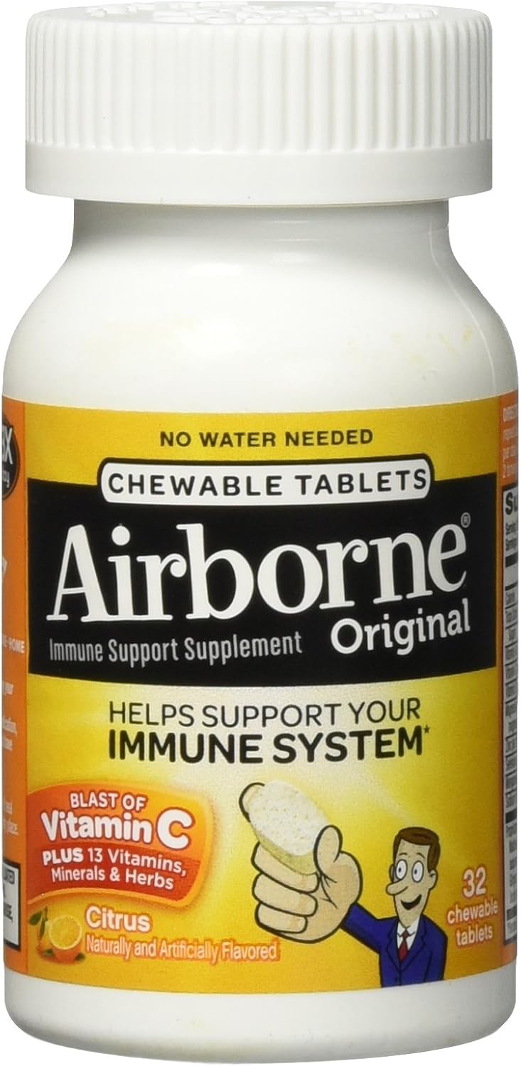 Airborne Citrus Chewable Tablets, 32 Count - 1000mg Vitamin C - Immune Support Supplement - görsel 1
