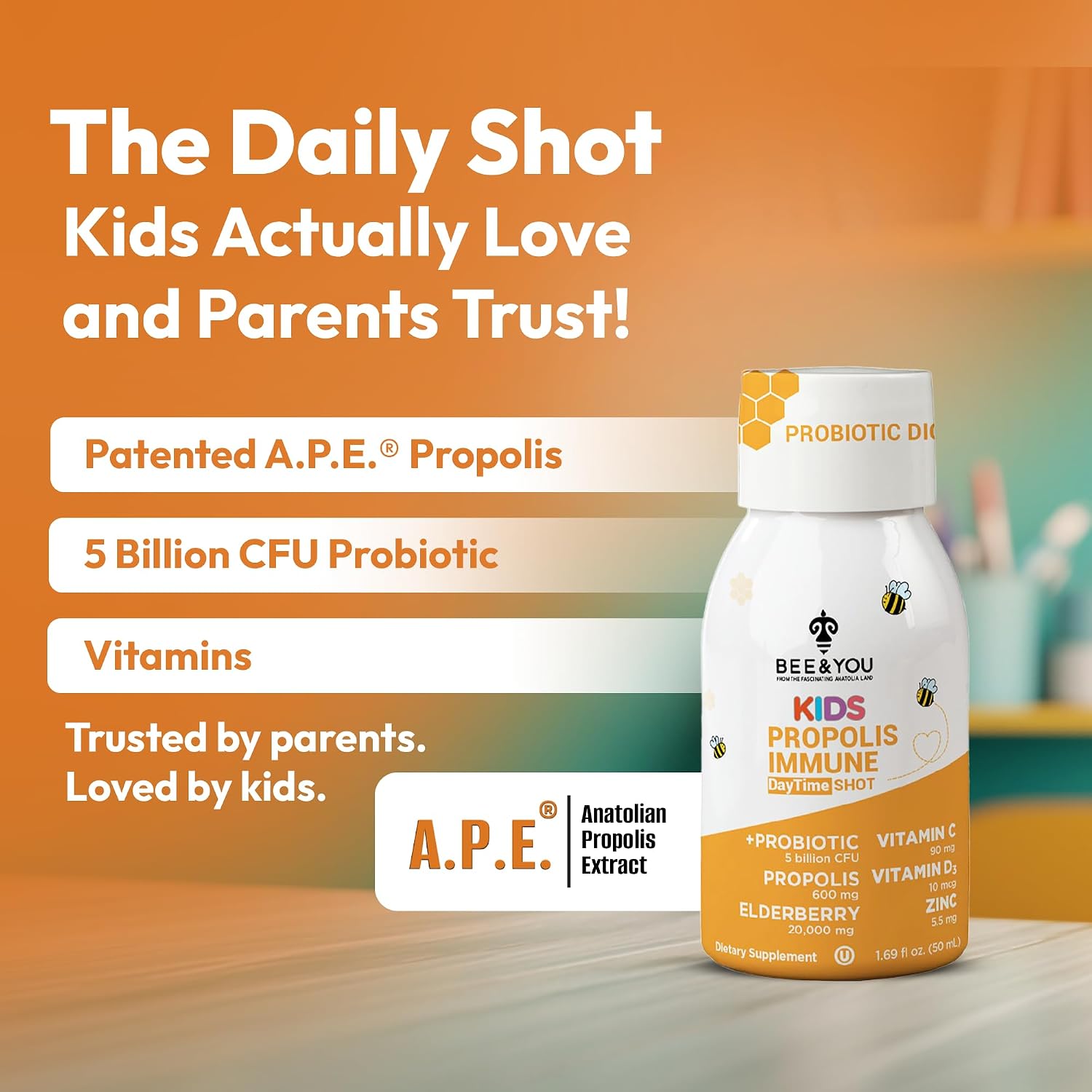 Bee & You Kids Propolis Immune Day Time Shot - Probiotic, Vitamin C, Vitamin D3, Zinc - Immune & Gut Health - 50 ml (12 Pack) - görsel 2