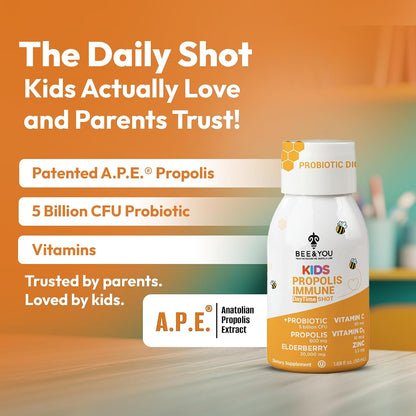 Bee & You Kids Propolis Immune Day Time Shot - Probiotic, Vitamin C, Vitamin D3, Zinc - Immune & Gut Health - 50 ml (12 Pack)