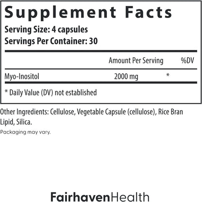 Fairhaven Health Myo-Inositol Food Supplement for Women and Men | Vitamin B8 2000 mg | Vegan Inositol Powder Capsules | Gluten, Dairy and Soya-free | 120 Inositol Capsules